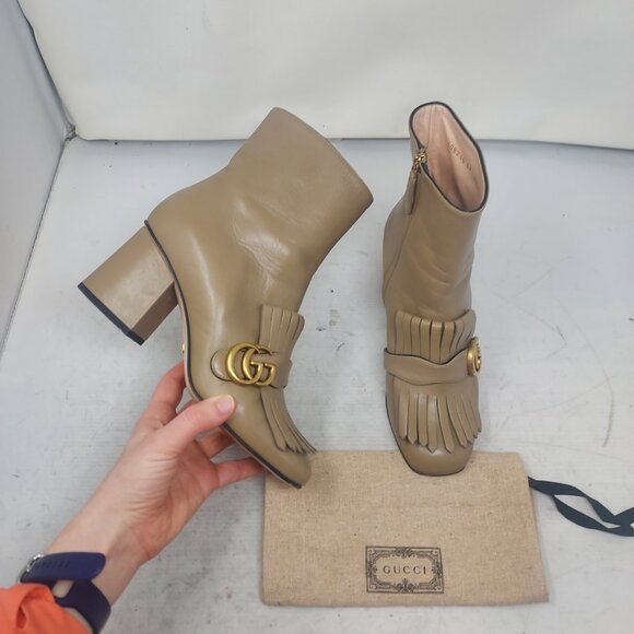 GUCCI Leather Taupe Beige Malaga GG Marmont Fringe Ankle Boot - Picture 1 of 13